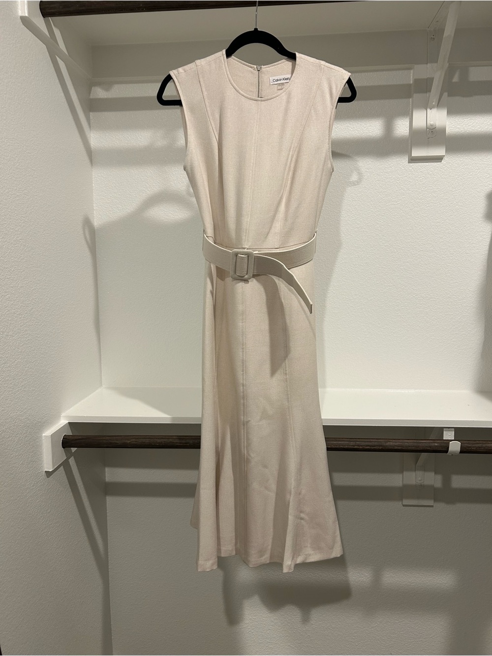 Calvin Klein Cream Sleeveless Belted Midi Dress